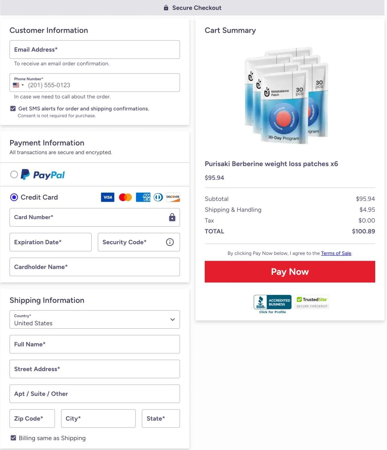 Purisaki Berberine Patch ClickBank Secure Checkout Page